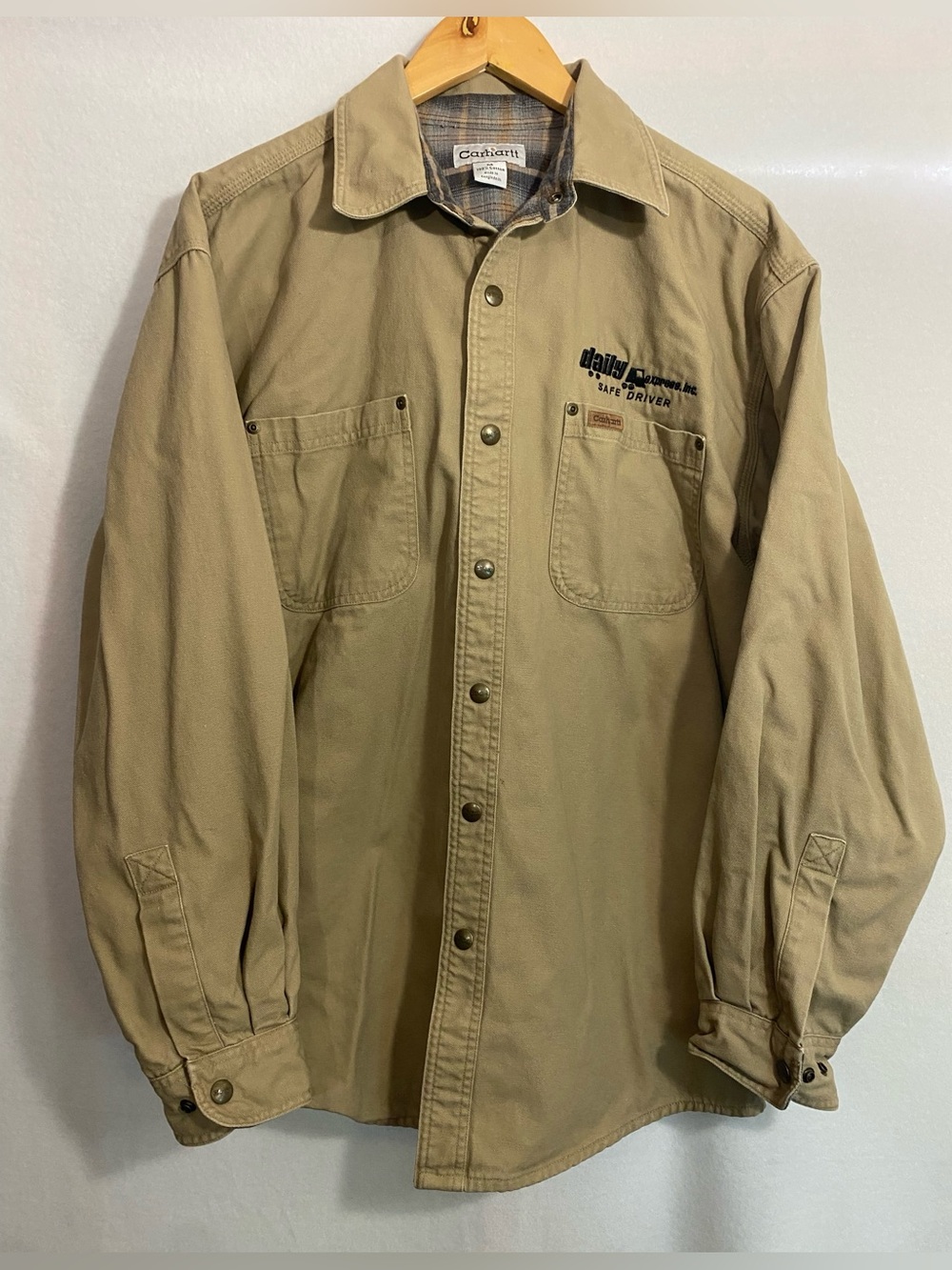 Vintage Carhartt Flannel Lined Khaki Snap Jacket Embroidered Daily Trucking M